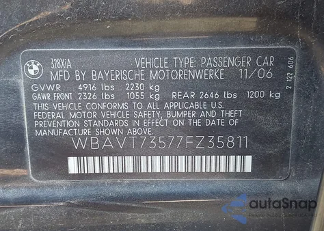 2007 BMW 328Xi z USA, uszkodzony, nr VIN WBAVT73517FV35811